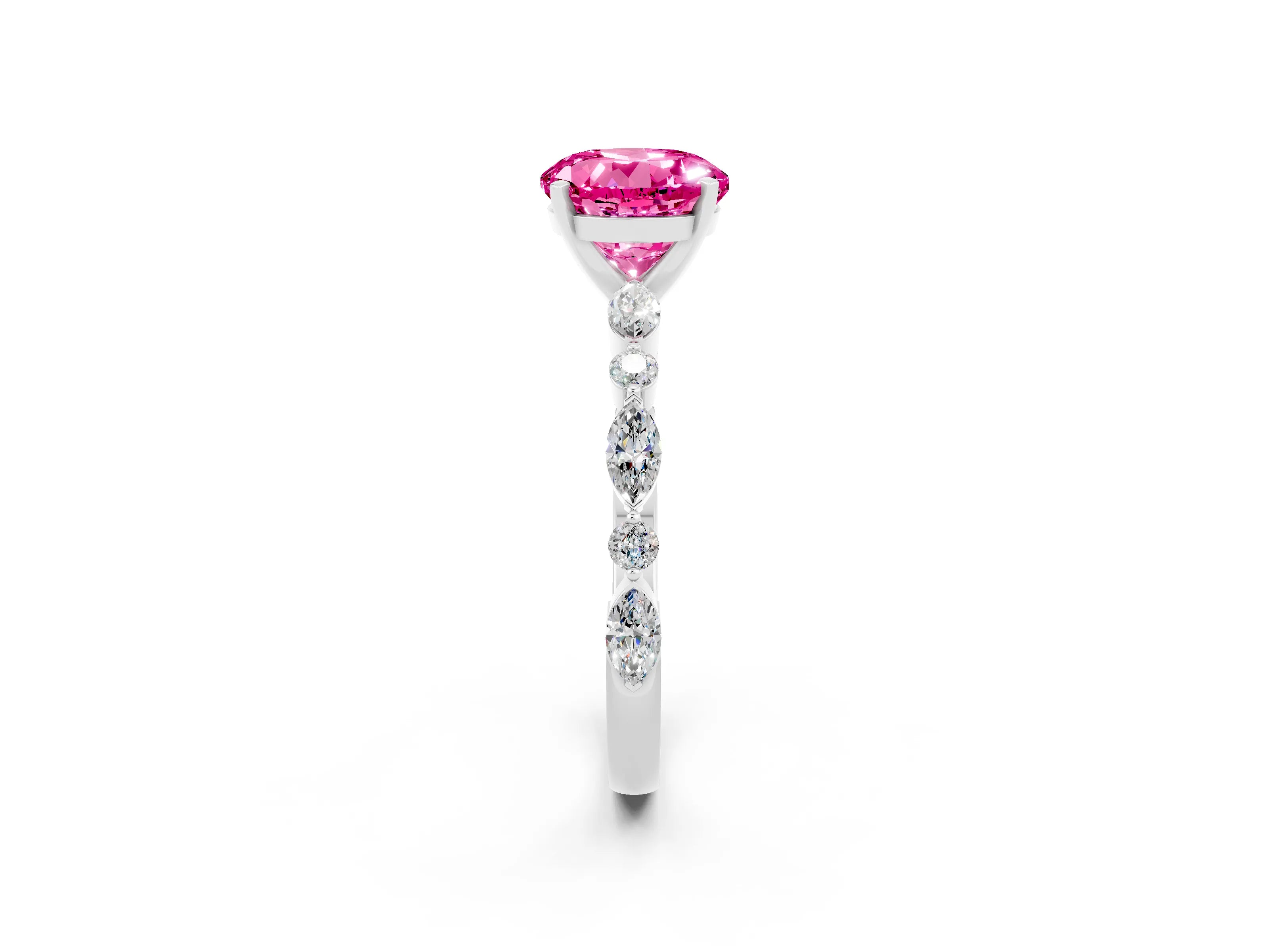 White gold Round Cut Pink Sapphire Solitaire with Side Stones on a Pavé Band and Four-Prong Setting_26