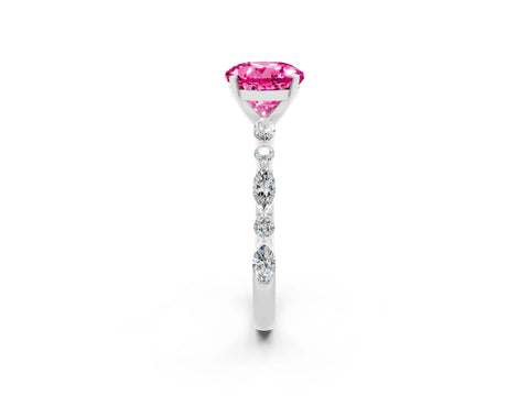 White gold Round Cut Pink Sapphire Solitaire with Side Stones on a Pavé Band and Four-Prong Setting_26