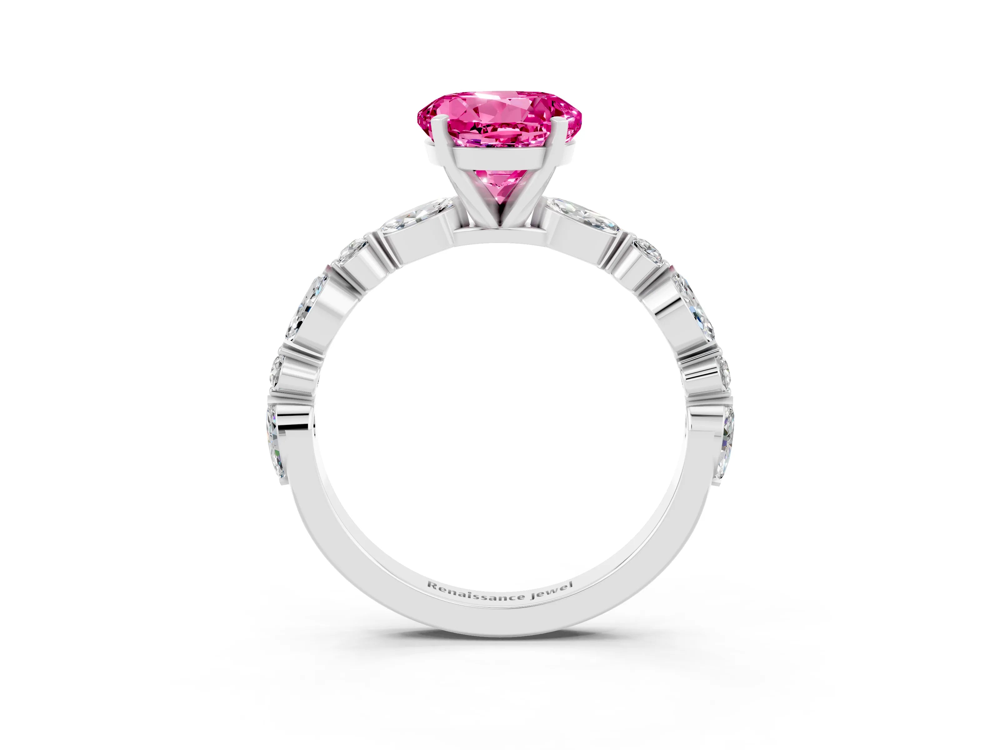 White gold Round Cut Pink Sapphire Solitaire with Side Stones on a Pavé Band and Four-Prong Setting_27