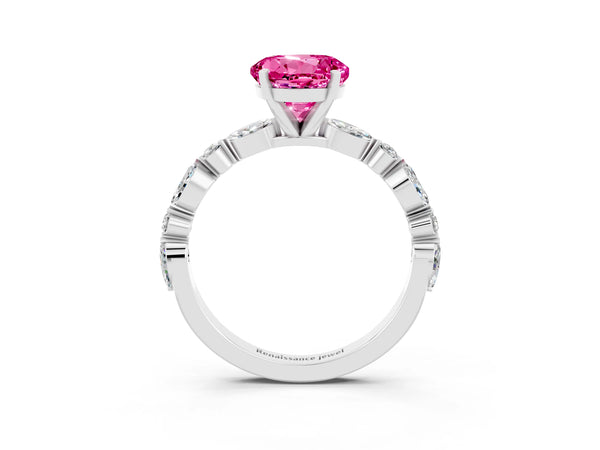 Silver Round Cut Pink Sapphire Ring with Marquise and Round  Side Stones and Four-Prong Setting