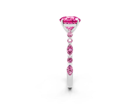 White gold Round Cut Pink Sapphire Solitaire with Side Stones on a Pavé Band and Four-Prong Setting_2