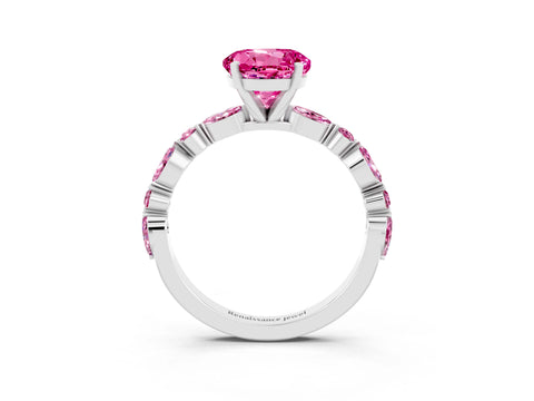 White gold Round Cut Pink Sapphire Solitaire with Side Stones on a Pavé Band and Four-Prong Setting_3