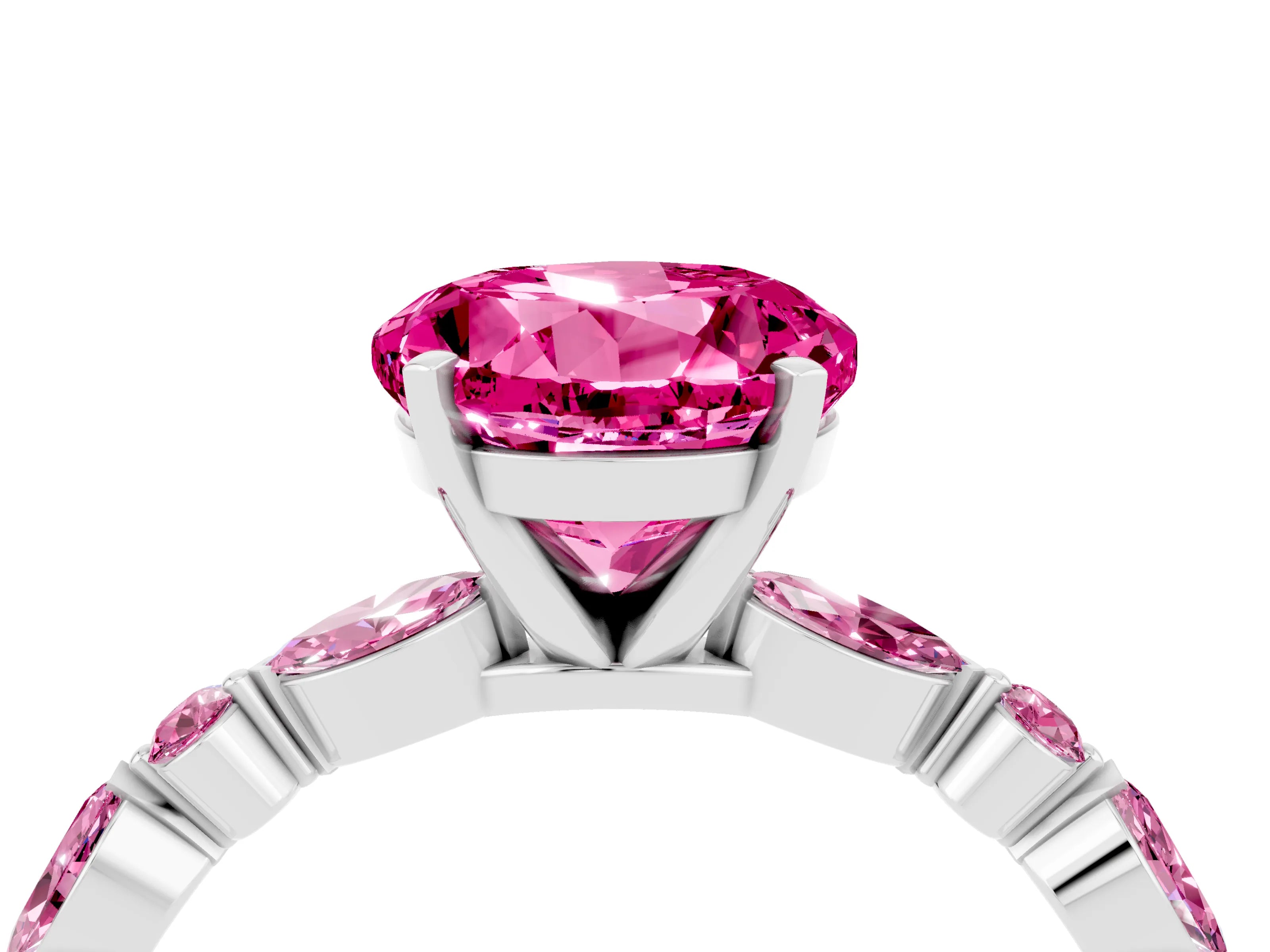 White gold Round Cut Pink Sapphire Solitaire with Side Stones on a Pavé Band and Four-Prong Setting_4