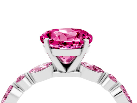White gold Round Cut Pink Sapphire Solitaire with Side Stones on a Pavé Band and Four-Prong Setting_4