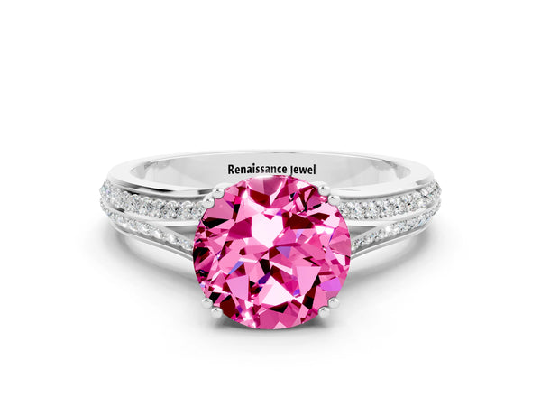 Silver Round Cut Pink Sapphire Split Shank Engagement Ring with Pavé Band