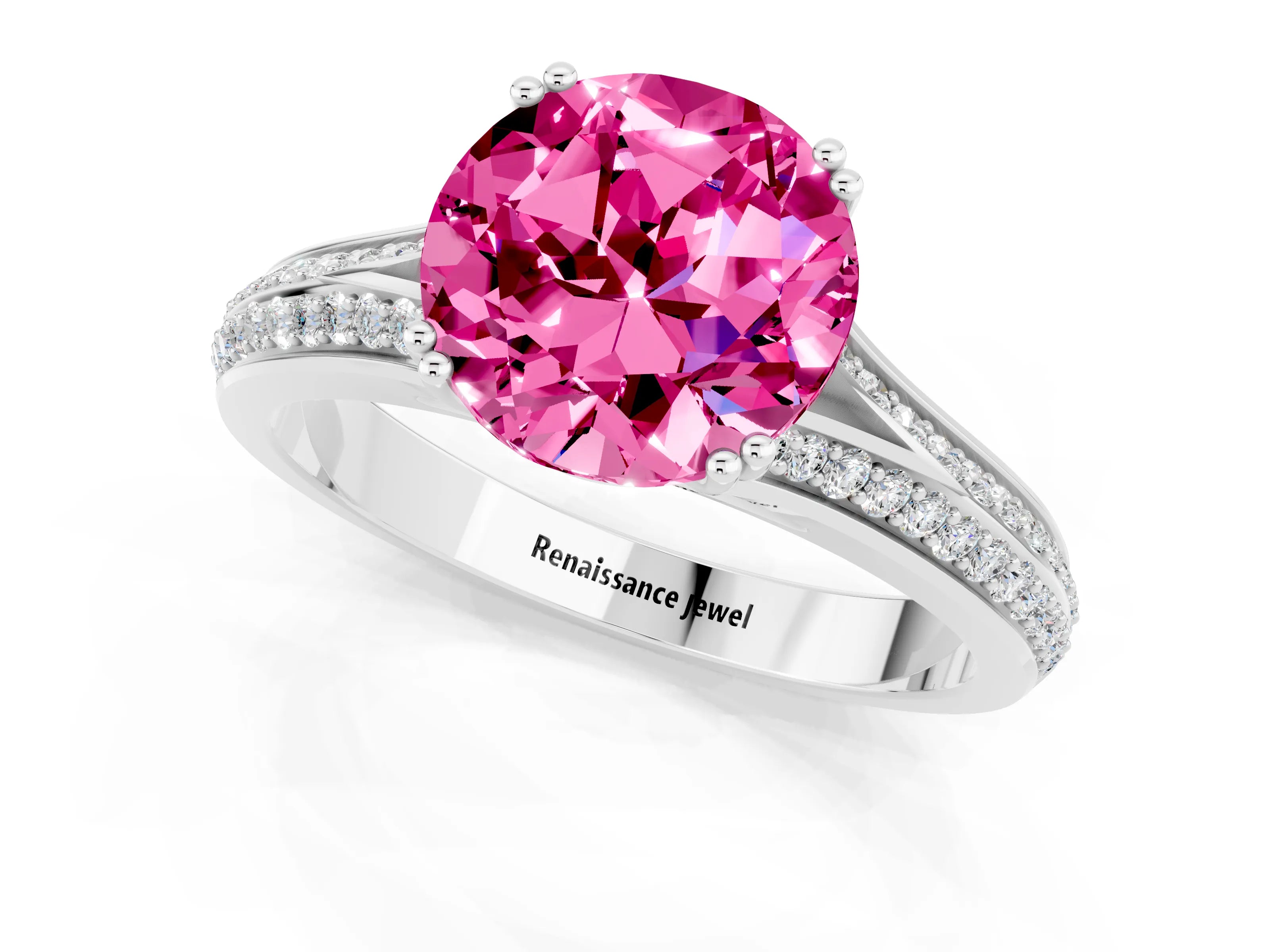 White gold Round Cut Pink Sapphire Split Shank Engagement Ring with Pavé Band_25
