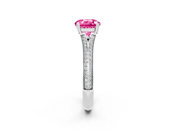 Platinum Round Cut Pink Sapphire Split Shank Engagement Ring with Pavé Band