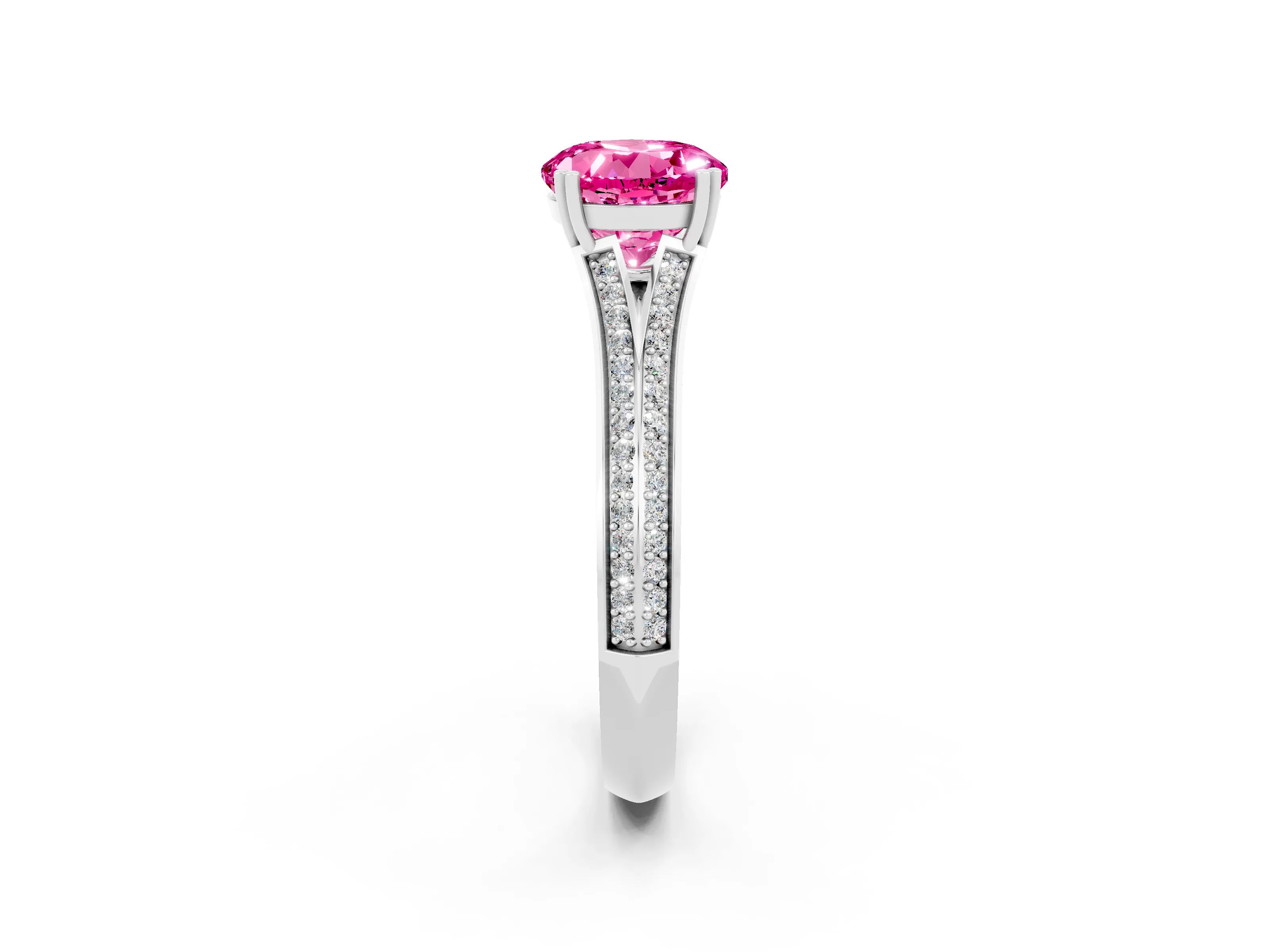 White gold Round Cut Pink Sapphire Split Shank Engagement Ring with Pavé Band_26