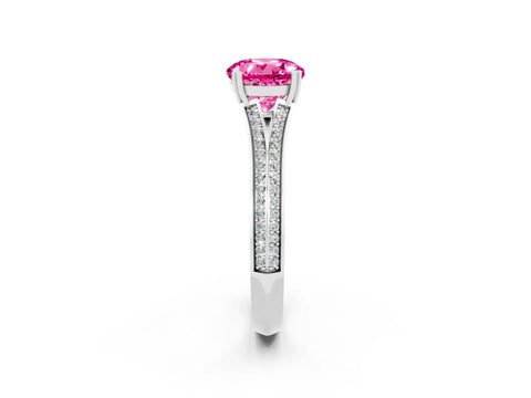 White gold Round Cut Pink Sapphire Split Shank Engagement Ring with Pavé Band_26