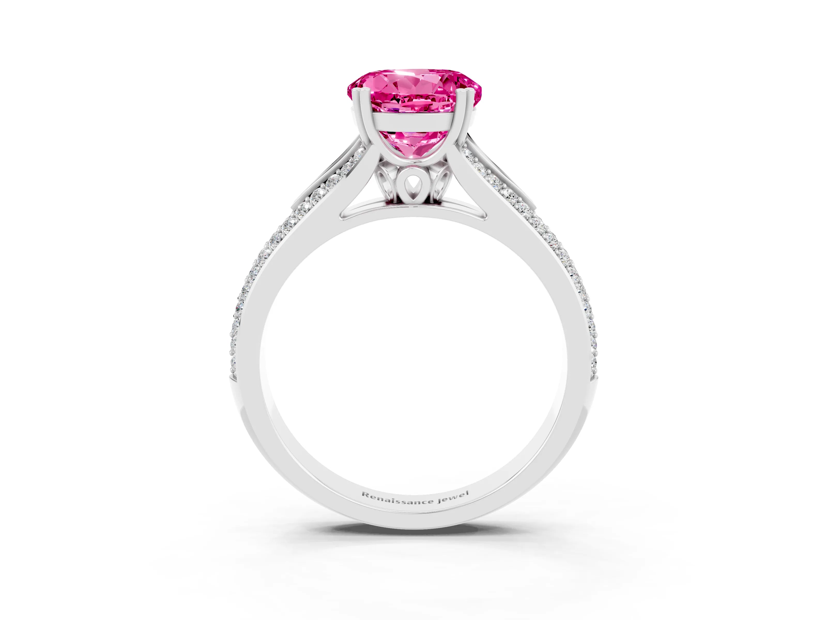 White gold Round Cut Pink Sapphire Split Shank Engagement Ring with Pavé Band_27