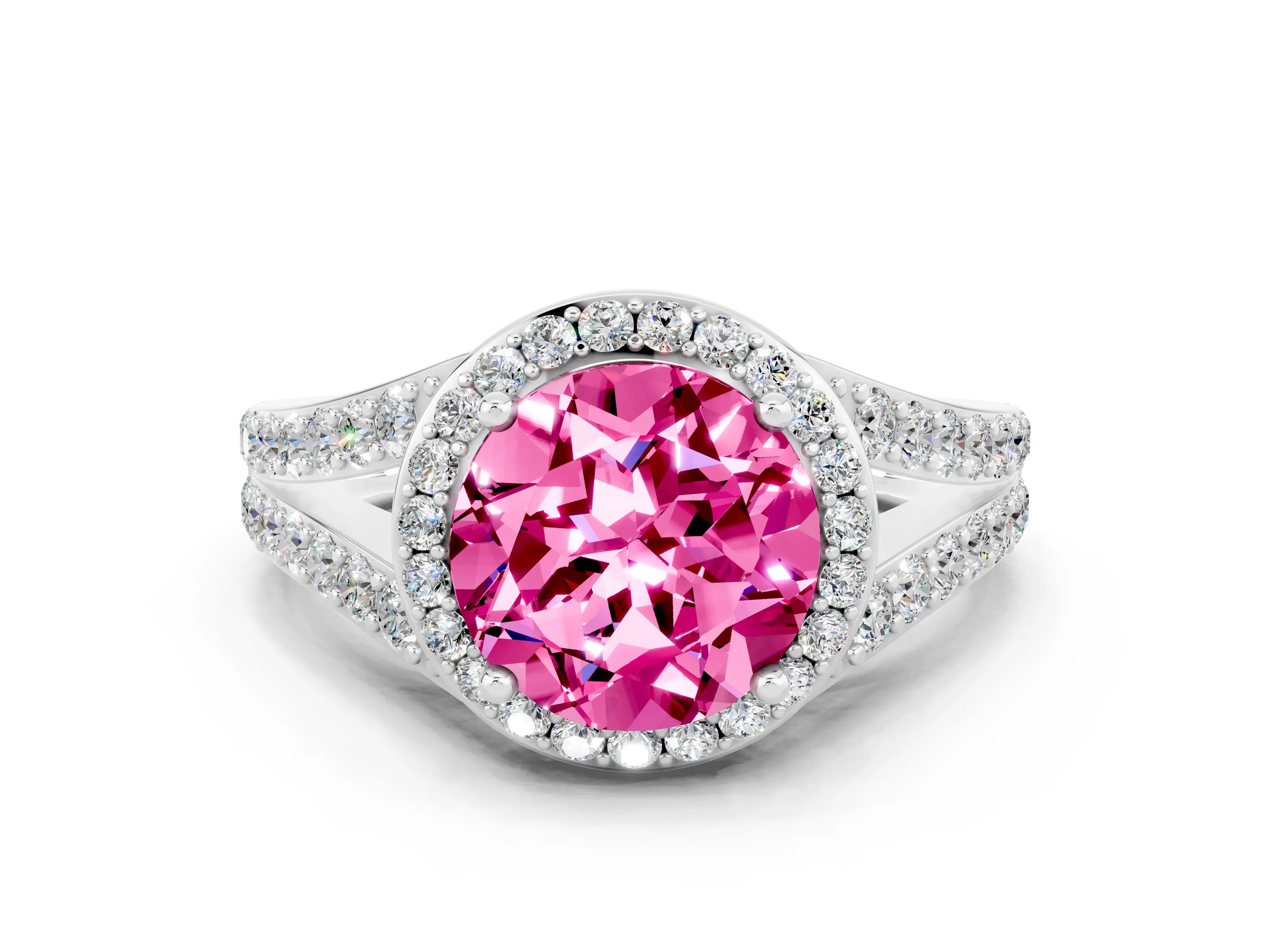 White gold Round Cut Pink Sapphire Split Shank Halo Ring with Four-Prong Setting_12