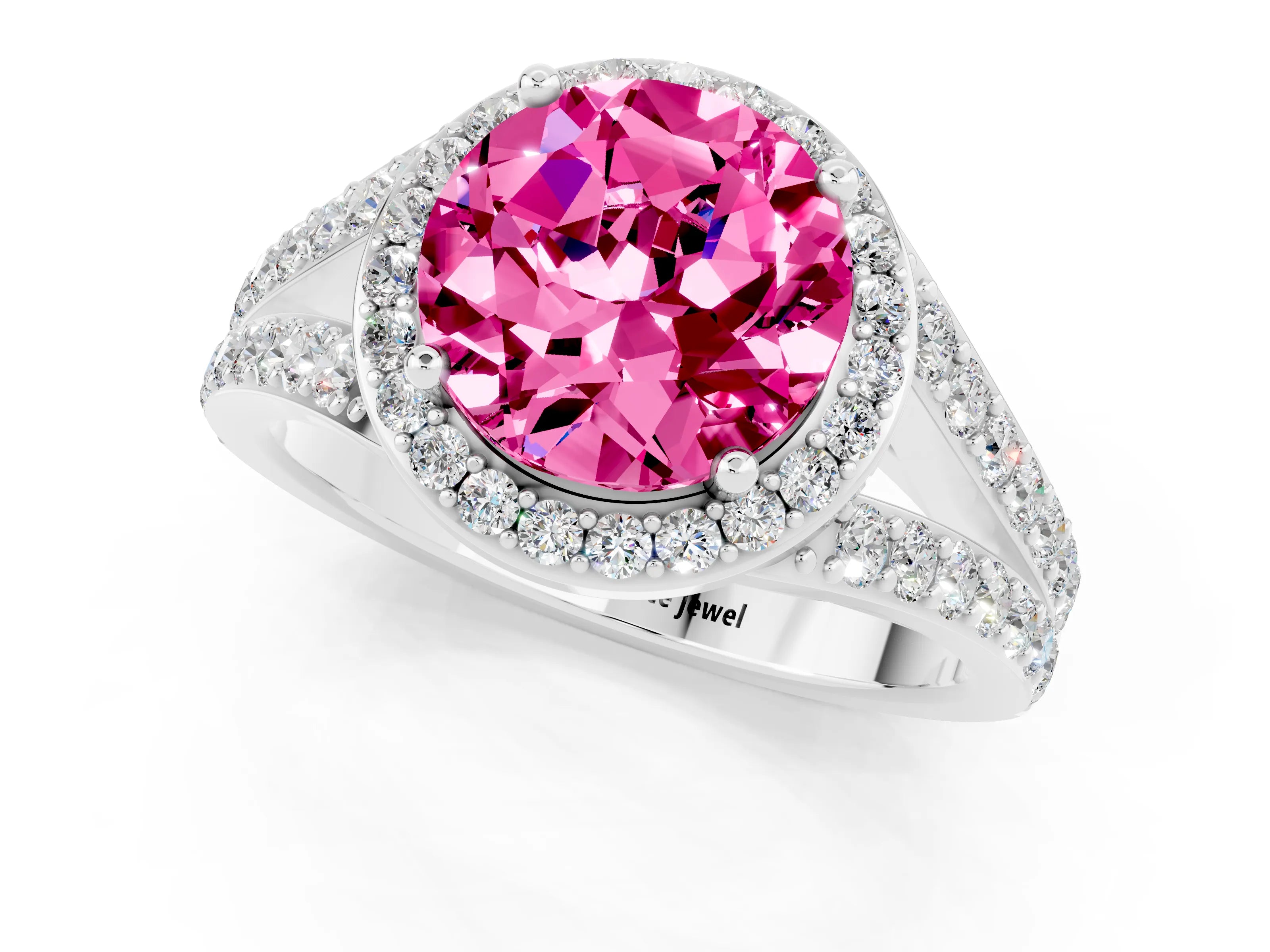 White gold Round Cut Pink Sapphire Split Shank Halo Ring with Four-Prong Setting_13