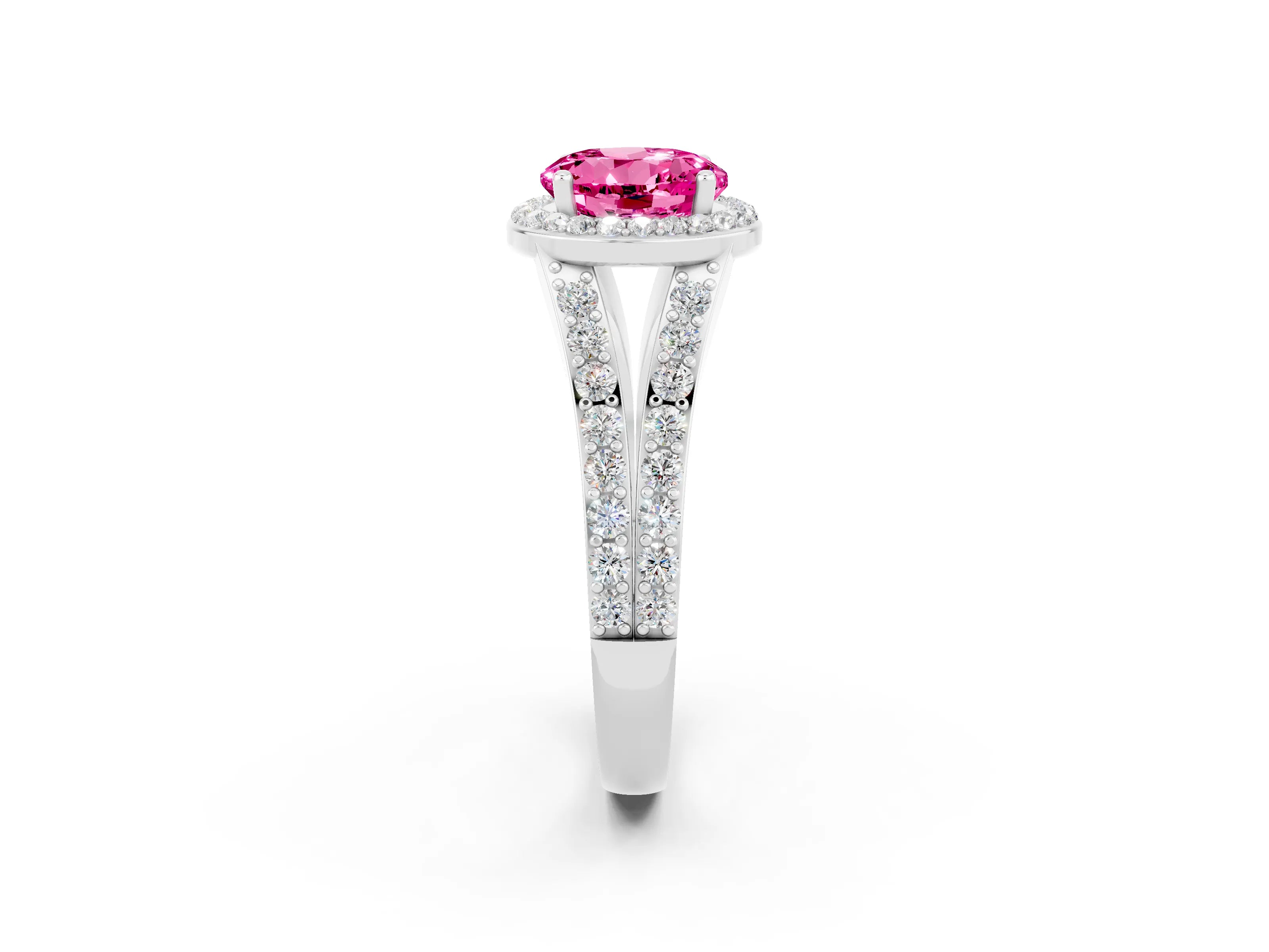 White gold Round Cut Pink Sapphire Split Shank Halo Ring with Four-Prong Setting_14