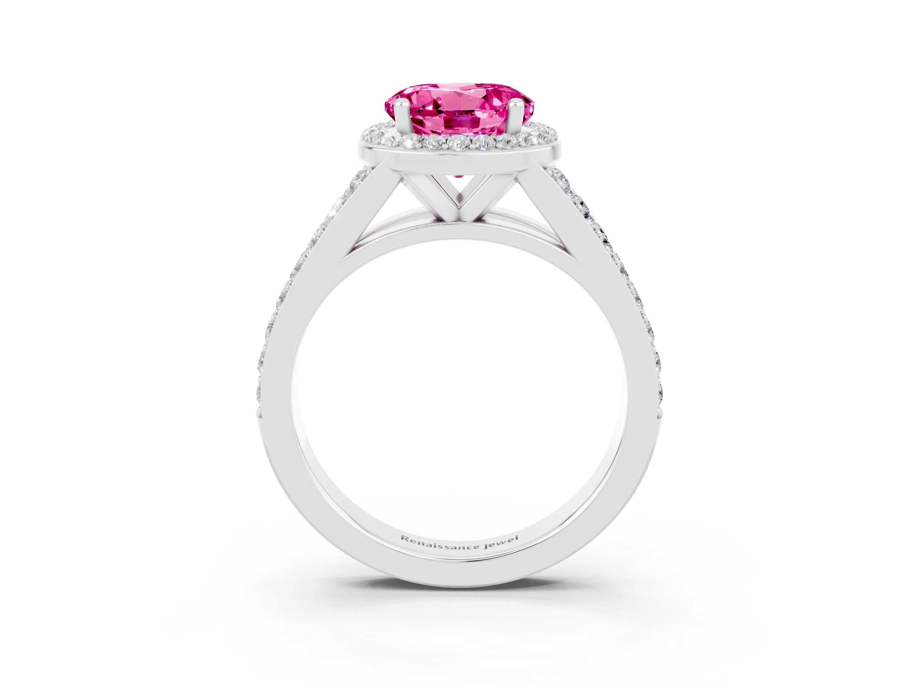 White gold Round Cut Pink Sapphire Split Shank Halo Ring with Four-Prong Setting_15