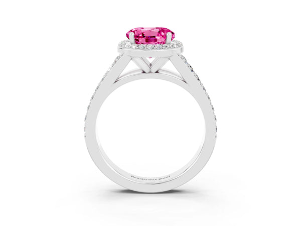Silver Round Cut Pink Sapphire Split Shank Halo Ring with Four-Prong Setting