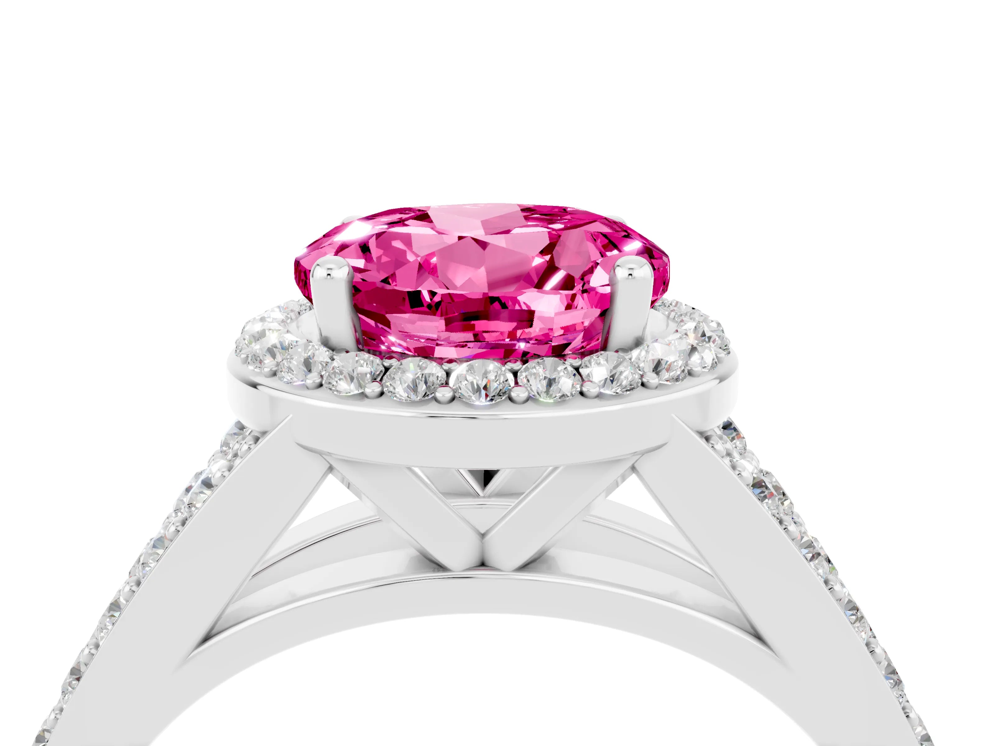 White gold Round Cut Pink Sapphire Split Shank Halo Ring with Four-Prong Setting_16