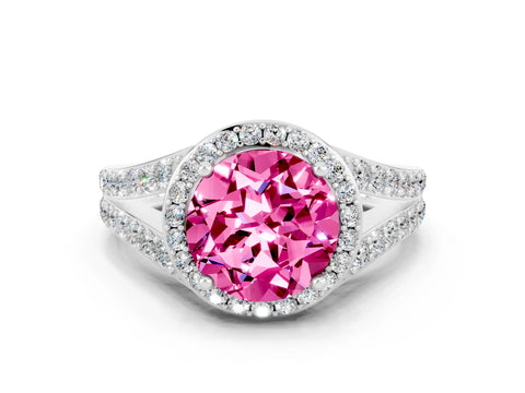 White gold Round Cut Pink Sapphire Split Shank Halo Ring with Four-Prong Setting_24