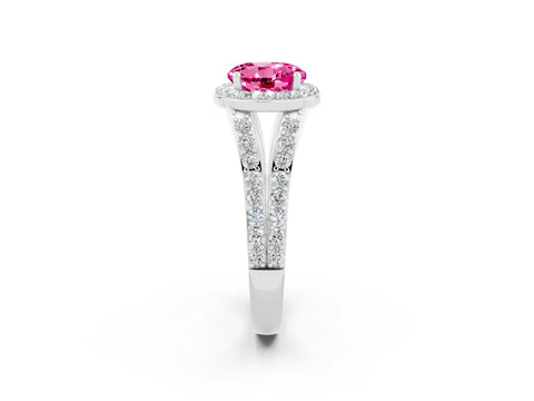 White gold Round Cut Pink Sapphire Split Shank Halo Ring with Four-Prong Setting_26