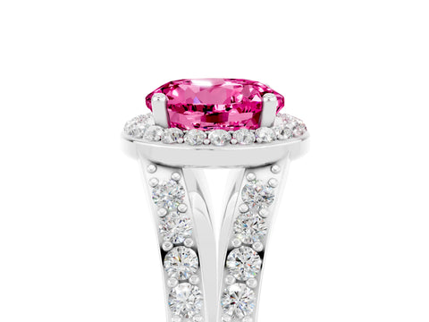 White gold Round Cut Pink Sapphire Split Shank Halo Ring with Four-Prong Setting_29