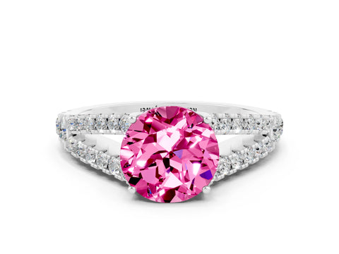 White gold Round Cut Pink Sapphire Split Shank Pavé Engagement Ring with Four-Prong Setting_12
