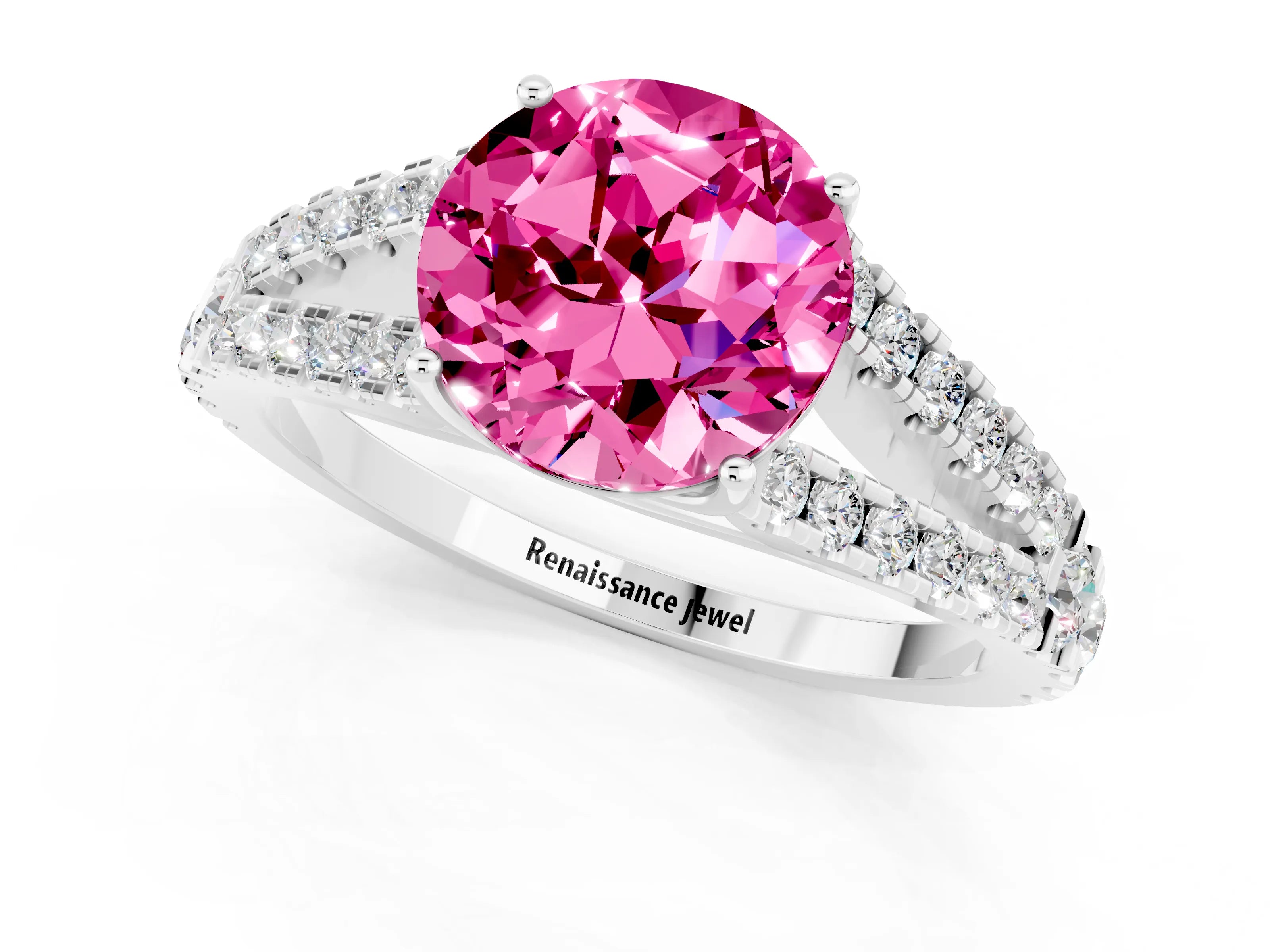 White gold Round Cut Pink Sapphire Split Shank Pavé Engagement Ring with Four-Prong Setting_13