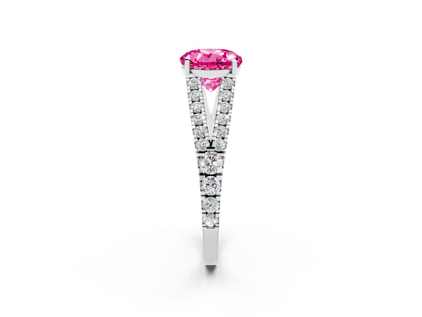 Platinum Round Cut Pink Sapphire Split Shank Pavé Engagement Ring with Four-Prong Setting