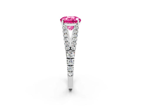White gold Round Cut Pink Sapphire Split Shank Pavé Engagement Ring with Four-Prong Setting_14