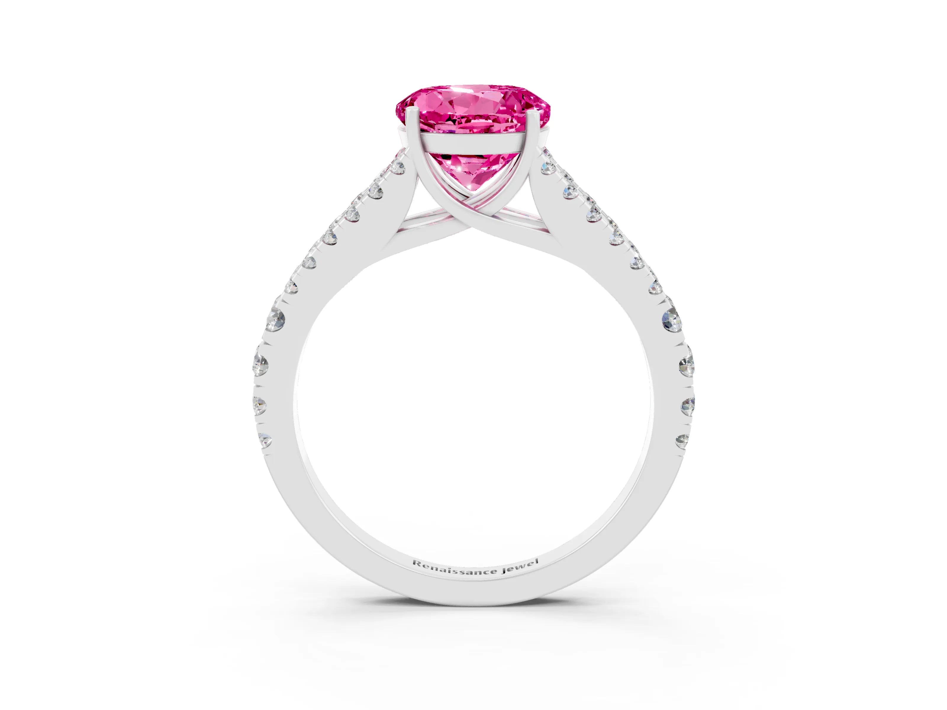 White gold Round Cut Pink Sapphire Split Shank Pavé Engagement Ring with Four-Prong Setting_15