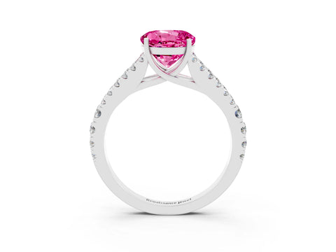 White gold Round Cut Pink Sapphire Split Shank Pavé Engagement Ring with Four-Prong Setting_15