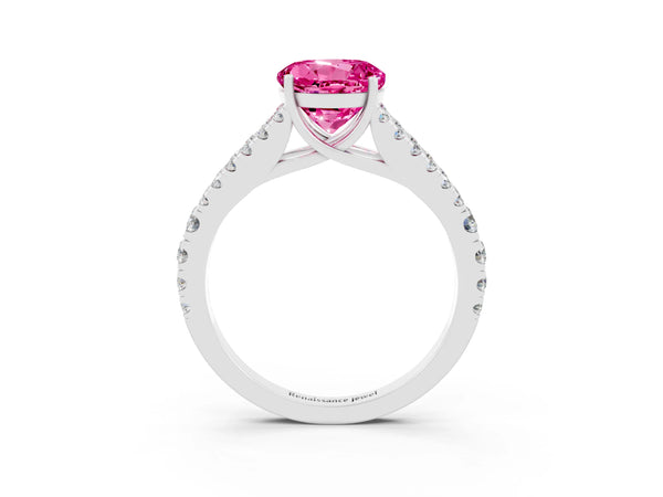 White gold Round Cut Pink Sapphire Split Shank Pavé Engagement Ring with Four-Prong Setting