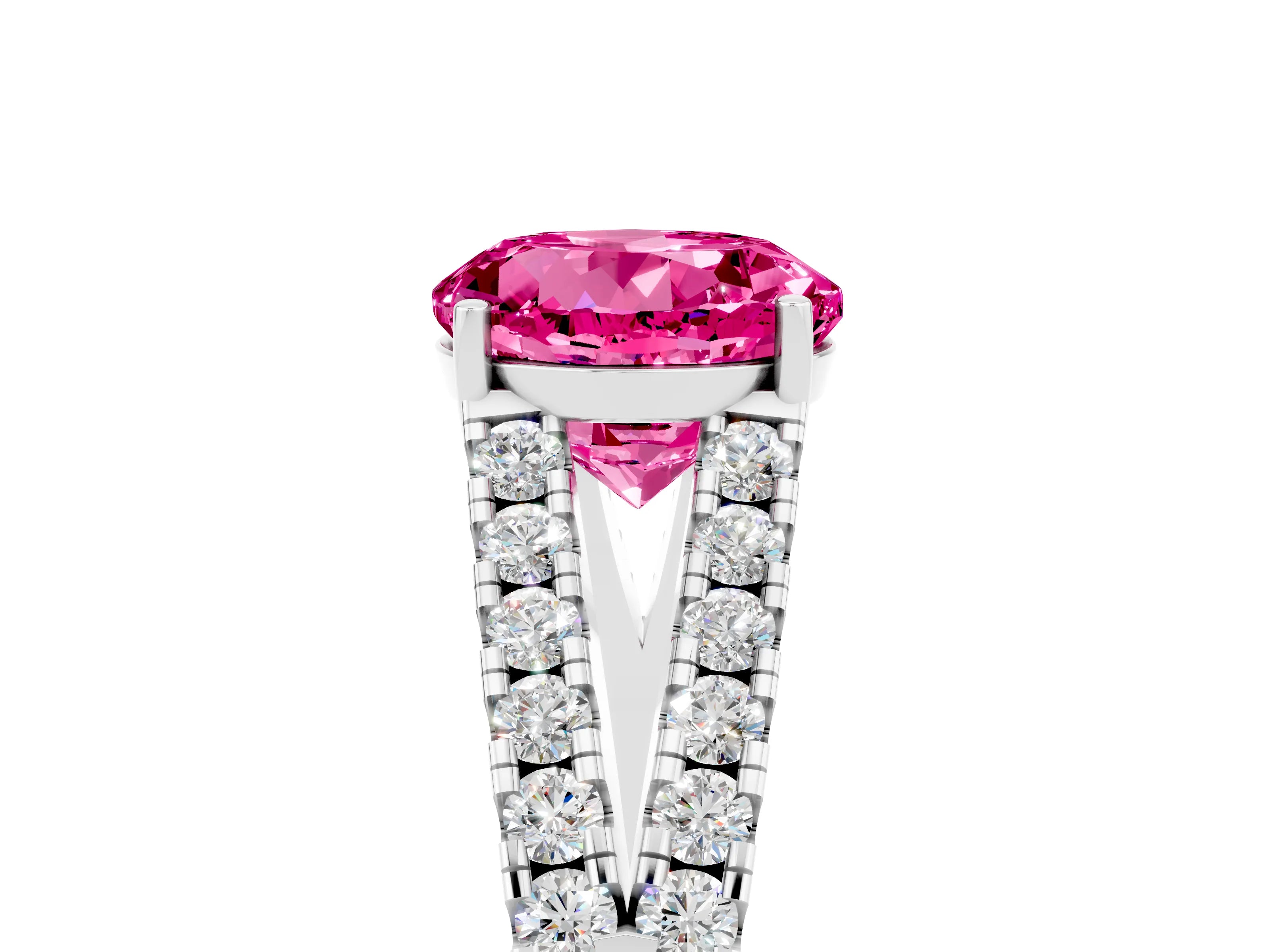 White gold Round Cut Pink Sapphire Split Shank Pavé Engagement Ring with Four-Prong Setting_17