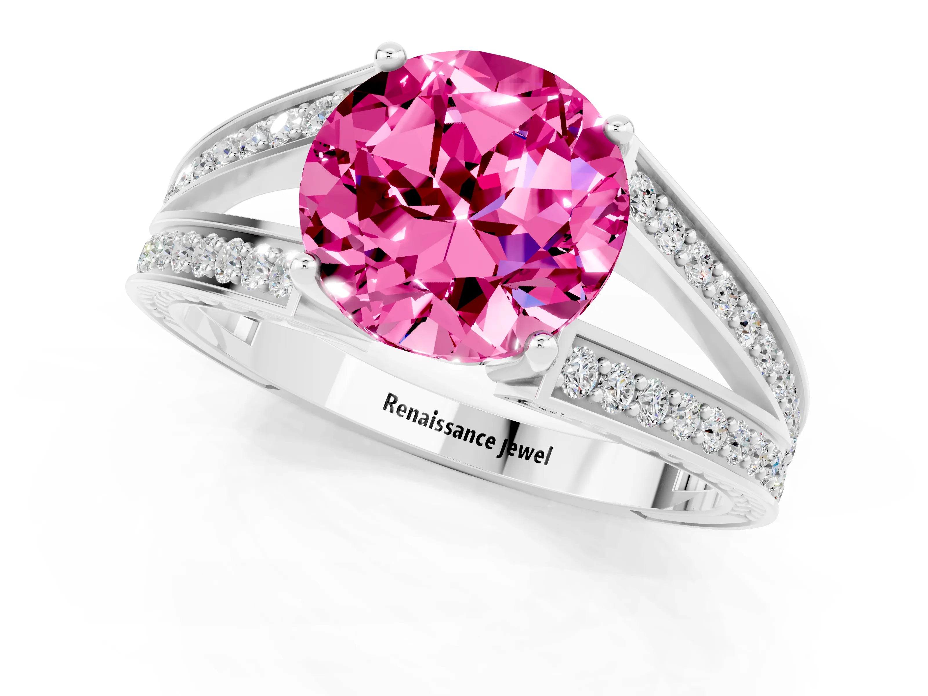 White gold Round Cut Pink Sapphire Split Shank Ring with Pavé Band and Four-Prong Setting_1