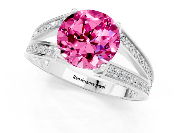 Silver Round Cut Pink Sapphire Split Shank Ring with Pavé Band and Four-Prong Setting