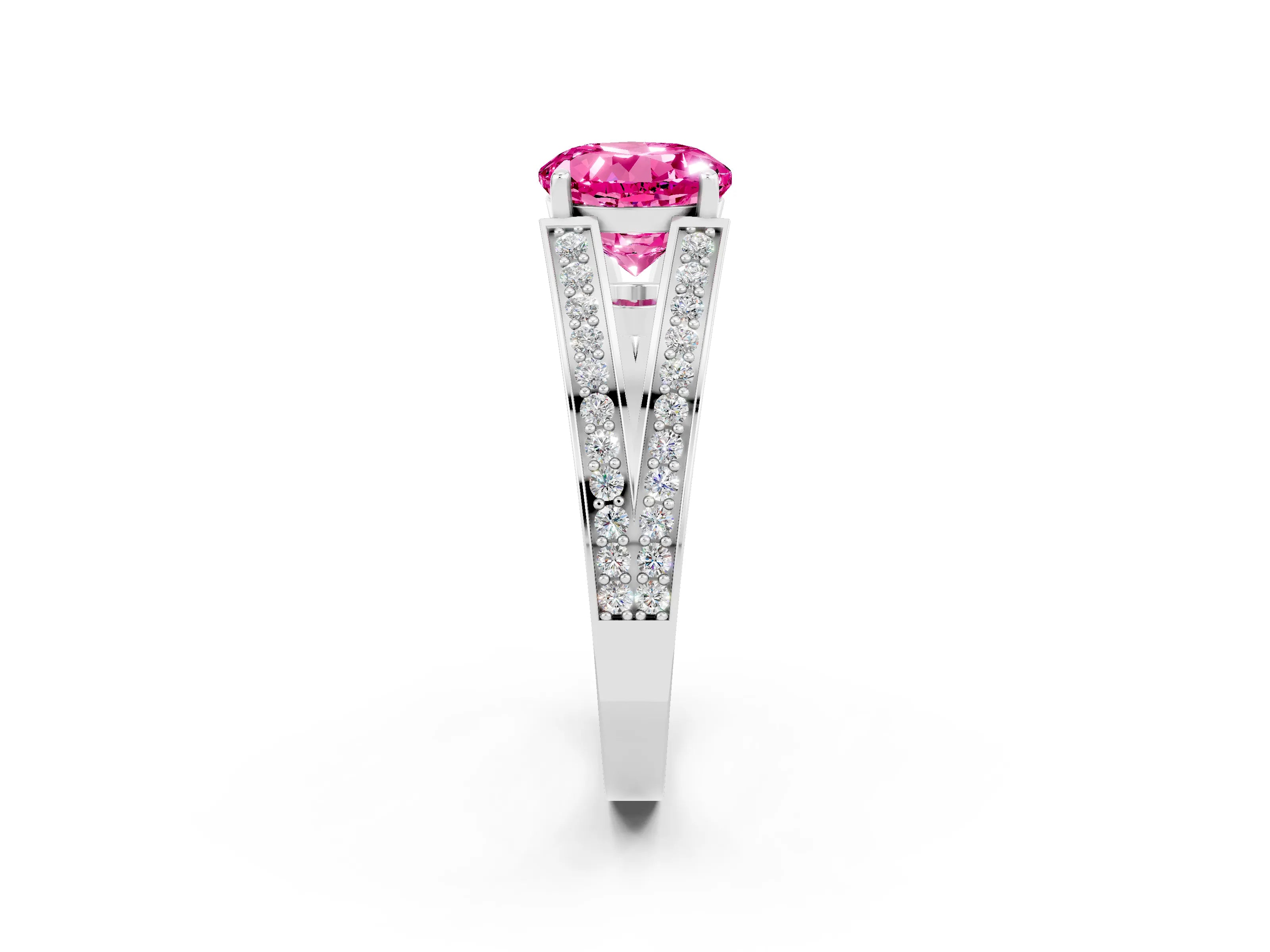 White gold Round Cut Pink Sapphire Split Shank Ring with Pavé Band and Four-Prong Setting_2