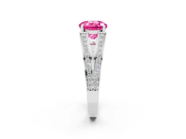 White gold Round Cut Pink Sapphire Split Shank Ring with Pavé Band and Four-Prong Setting