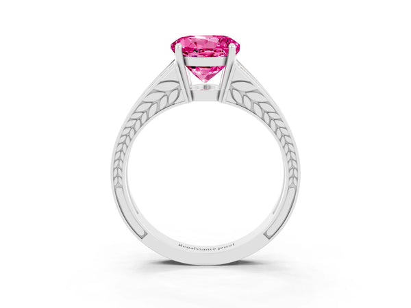 Platinum Round Cut Pink Sapphire Split Shank Ring with Pavé Band and Four-Prong Setting