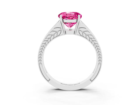 White gold Round Cut Pink Sapphire Split Shank Ring with Pavé Band and Four-Prong Setting_3