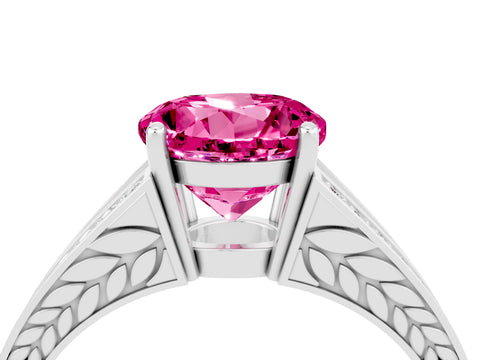 White gold Round Cut Pink Sapphire Split Shank Ring with Pavé Band and Four-Prong Setting_4