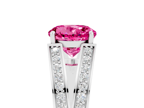 White gold Round Cut Pink Sapphire Split Shank Ring with Pavé Band and Four-Prong Setting_5