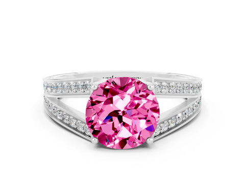 White gold Round Cut Pink Sapphire Split Shank Ring with Pavé Band and Four-Prong Setting