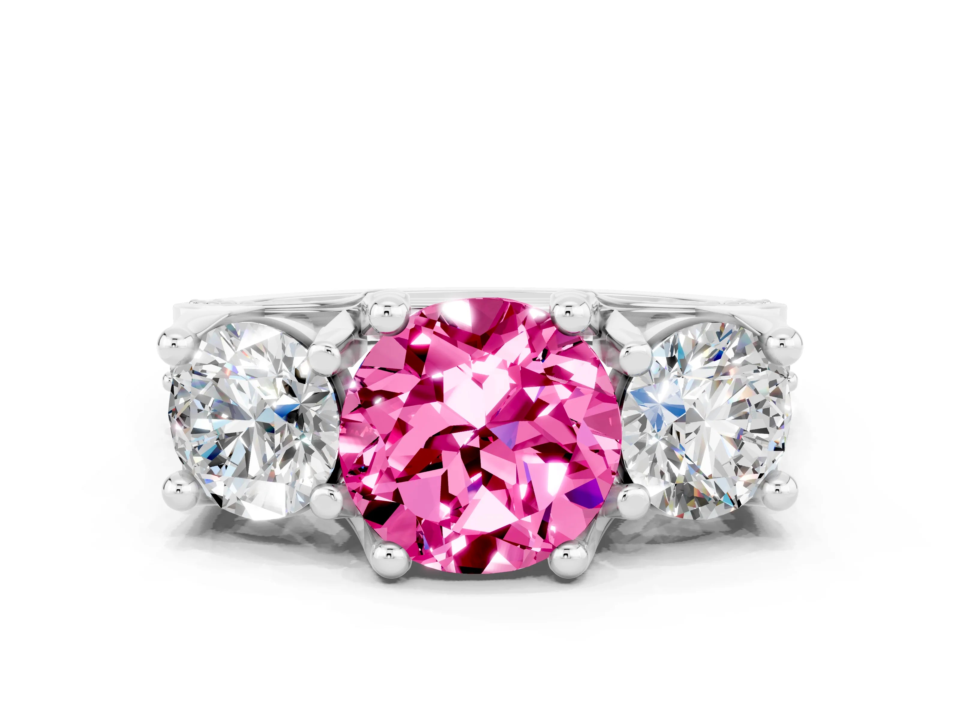 White gold Round Cut Pink Sapphire Three-Stone Ring with Channel Set Band and Four-Prong Setting