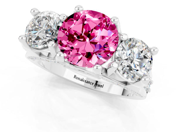 Silver Round Cut Pink Sapphire Three-Stone Ring with Channel Set Band and Four-Prong Setting