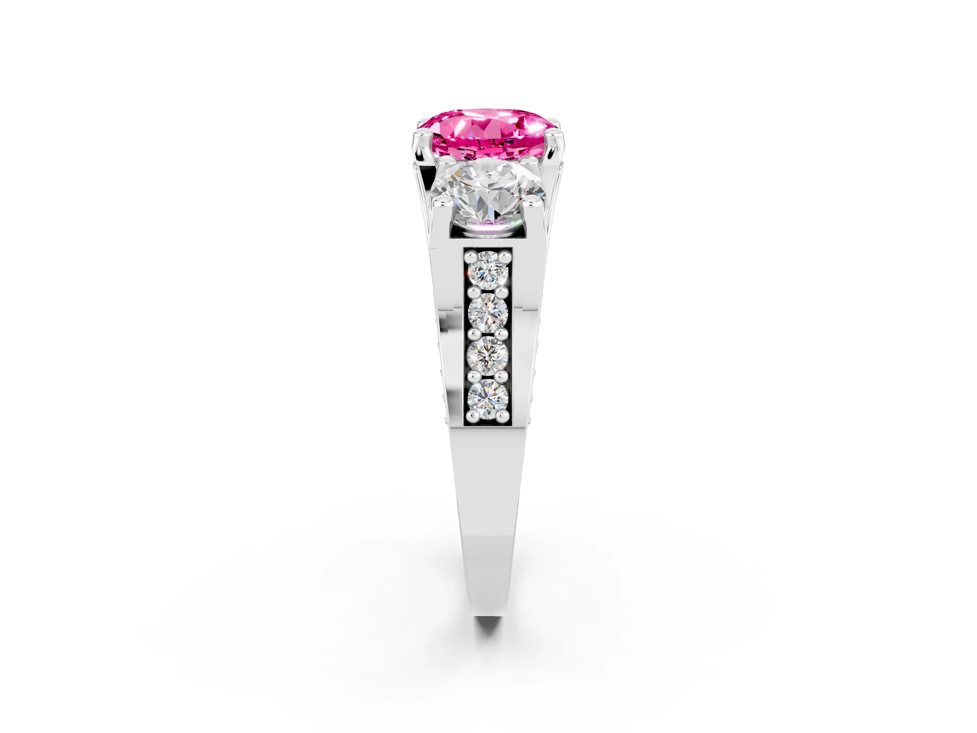 White gold Round Cut Pink Sapphire Three-Stone Ring with Channel Set Band and Four-Prong Setting_2