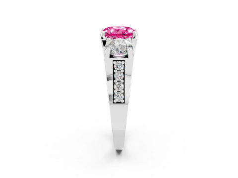 White gold Round Cut Pink Sapphire Three-Stone Ring with Channel Set Band and Four-Prong Setting_2