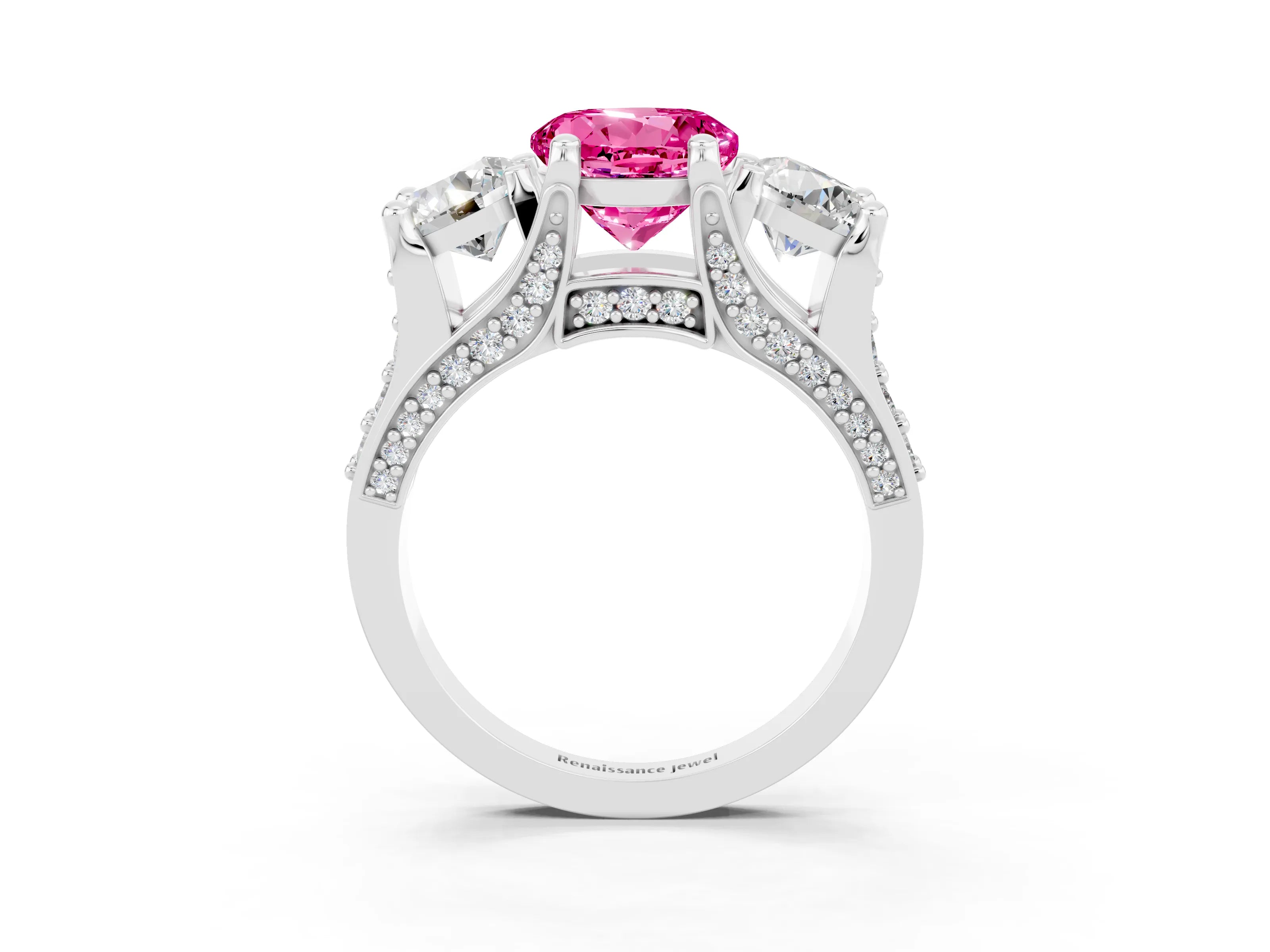 White gold Round Cut Pink Sapphire Three-Stone Ring with Channel Set Band and Four-Prong Setting_3