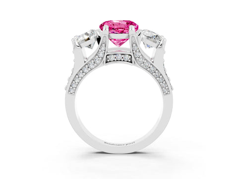 White gold Round Cut Pink Sapphire Three-Stone Ring with Channel Set Band and Four-Prong Setting_3