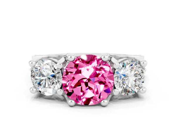 Silver Round Cut Pink Sapphire Three-Stone Ring with Channel Set Band and Four-Prong Setting