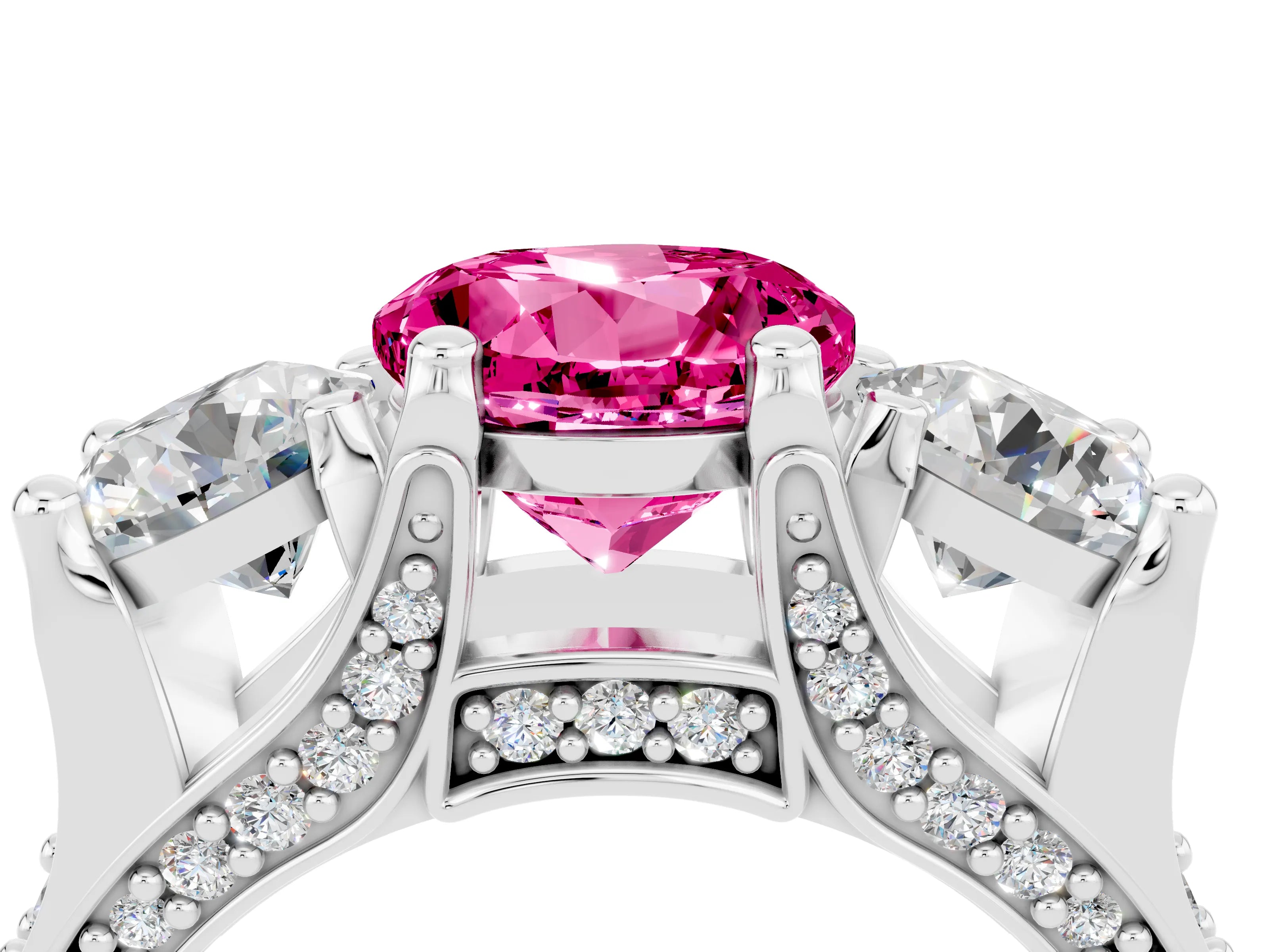 White gold Round Cut Pink Sapphire Three-Stone Ring with Channel Set Band and Four-Prong Setting_4