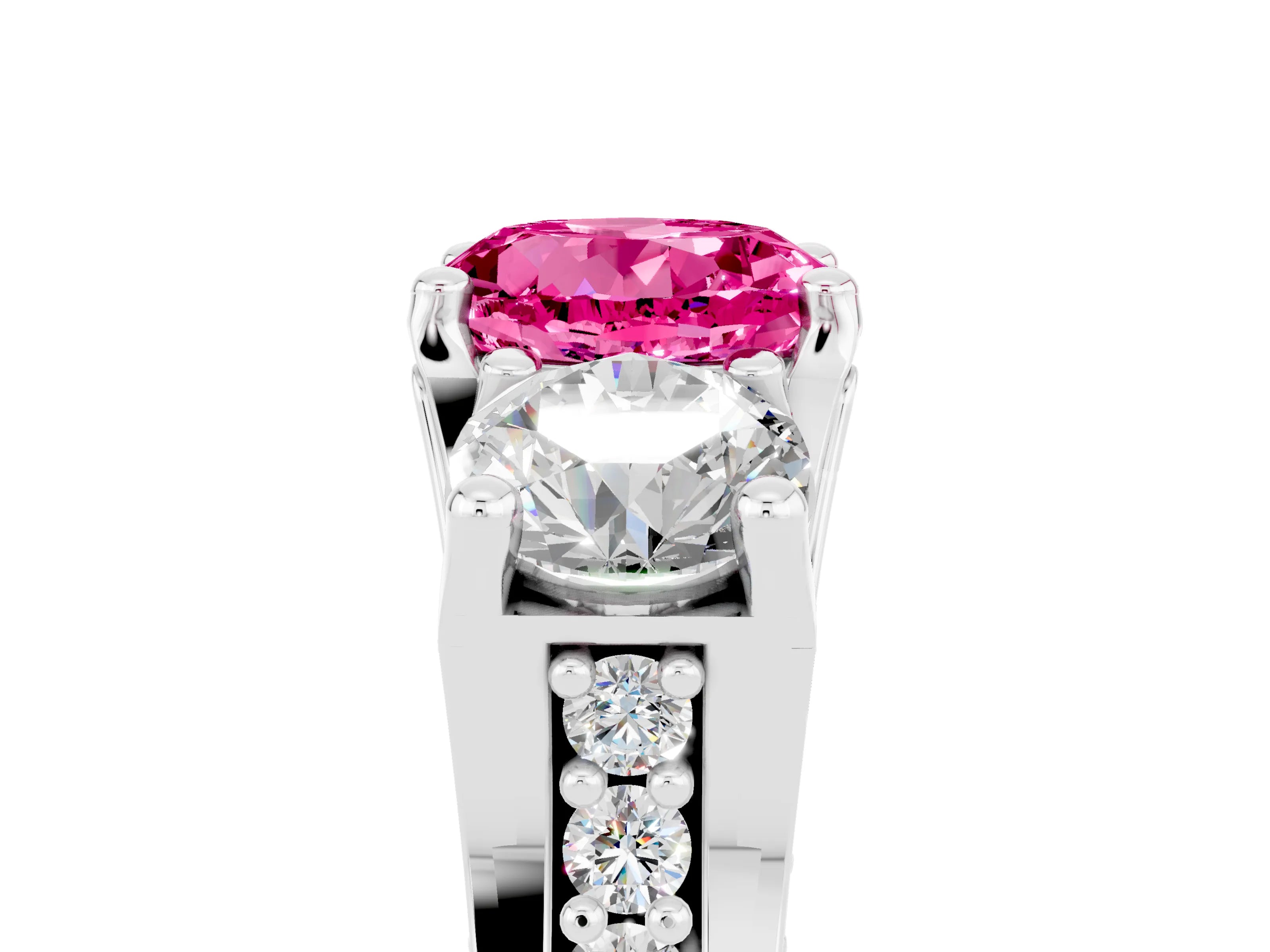 White gold Round Cut Pink Sapphire Three-Stone Ring with Channel Set Band and Four-Prong Setting_5