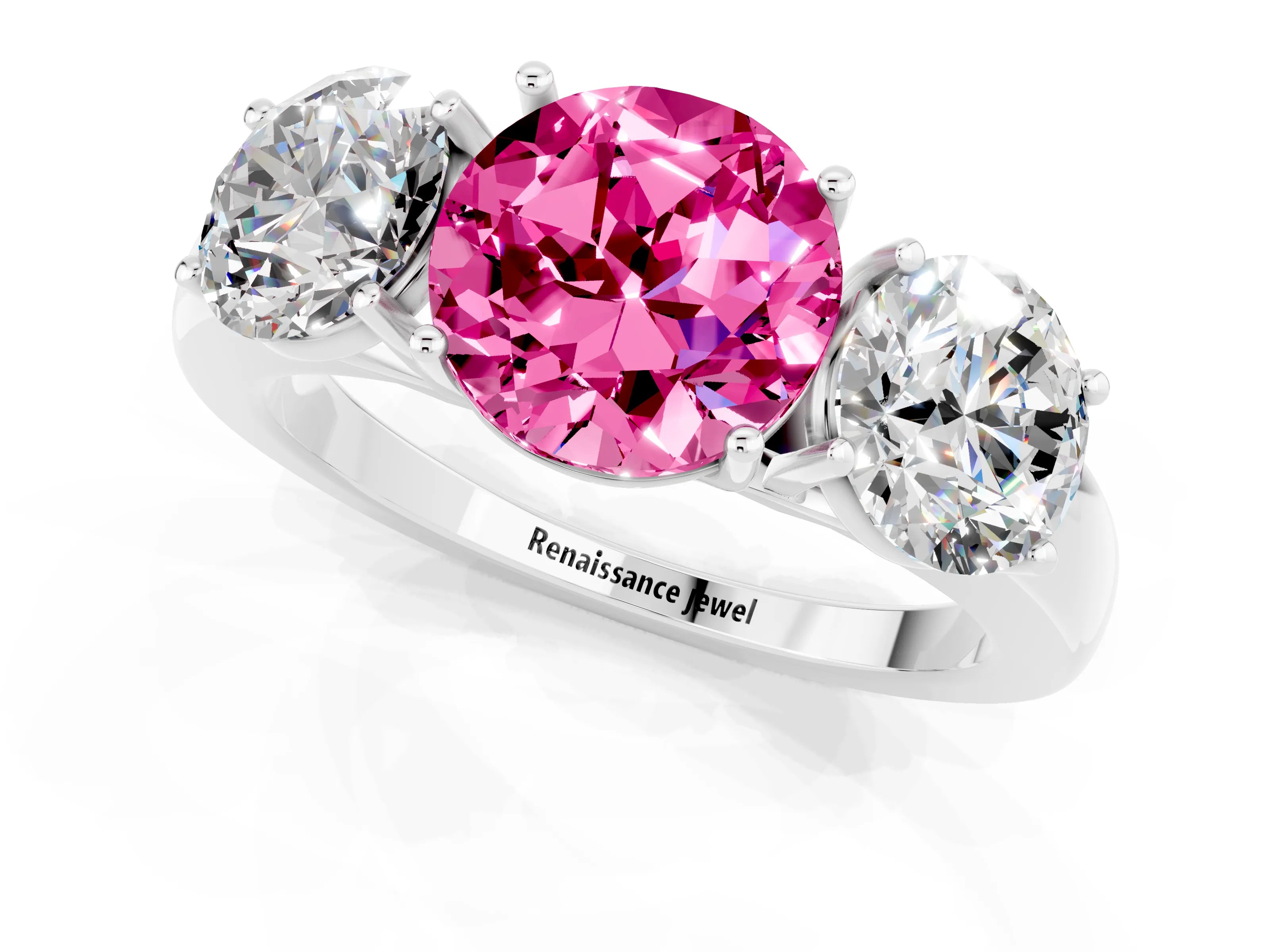 White gold Round Cut Pink Sapphire Three-Stone Ring with Four-Prong Setting and Classic Band_1